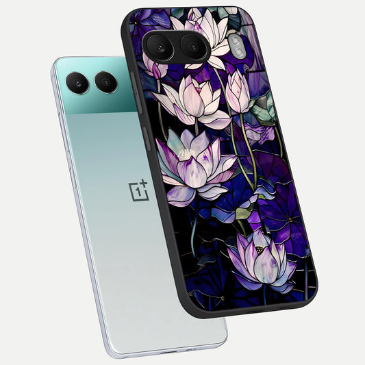 Purple Lotus Pattern phone case For Oneplus Nord 4 showing premium glass back cover with detailed artwork