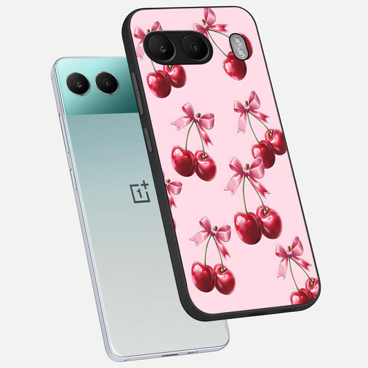 Red Cherries Pattern phone case For Oneplus Nord 4 showing premium glass back cover with detailed artwork