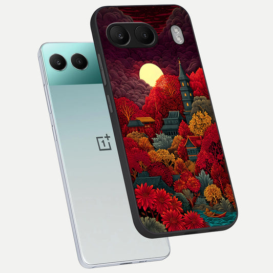 Scarlet Autumn Temple phone case For Oneplus Nord 4 showing premium glass back cover with detailed artwork