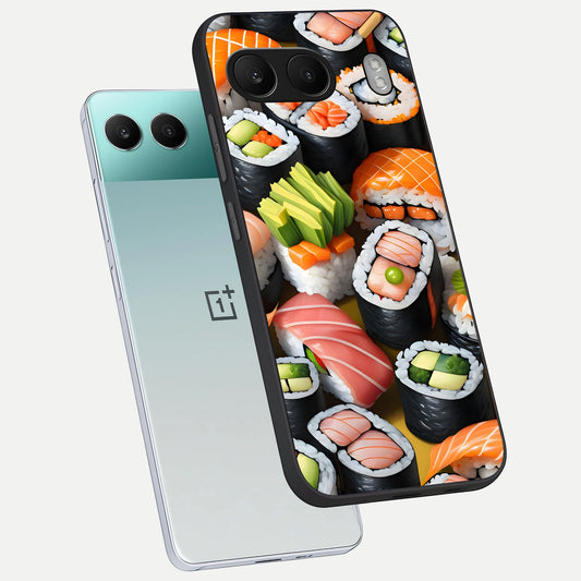 Sushi Food Pattern phone case For Oneplus Nord 4 showing premium glass back cover with detailed artwork