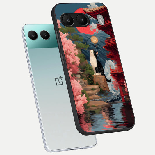 Temple Cat Scenery phone case For Oneplus Nord 4 showing premium glass back cover with detailed artwork