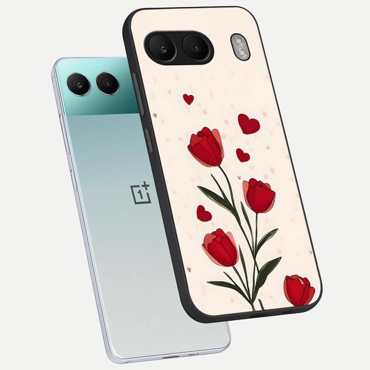 Tulip With Heart phone case For Oneplus Nord 4 showing premium glass back cover with detailed artwork