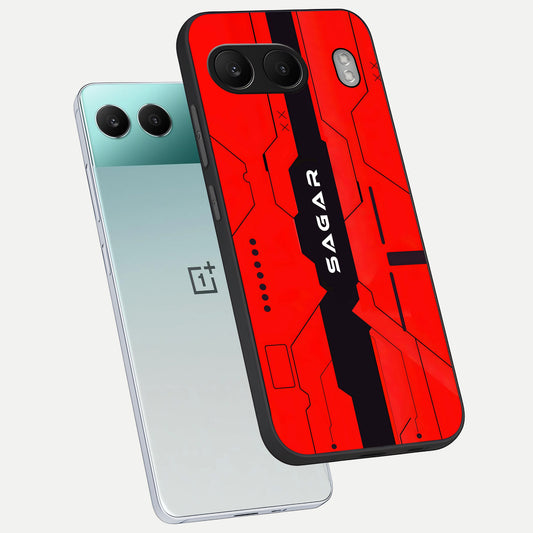 Voltage Rise CYBERPUNK Custom Name phone case For Oneplus Nord 4 showing premium custom name glass back cover