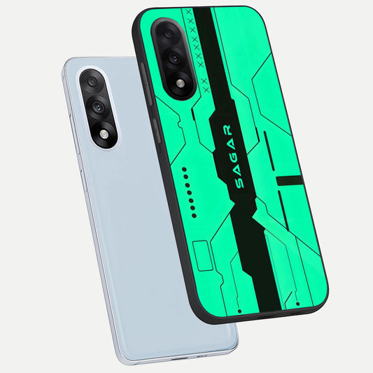 Aqua Tech CYBERPUNK Custom Name phone case For Oneplus Nord 5 showing premium glass back cover with detailed artwork