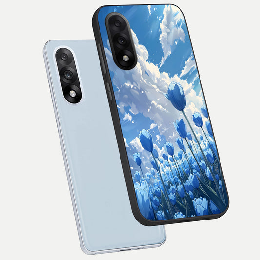 Blue Tulip Clouds phone case For Oneplus Nord 5 showing premium glass back cover with detailed artwork