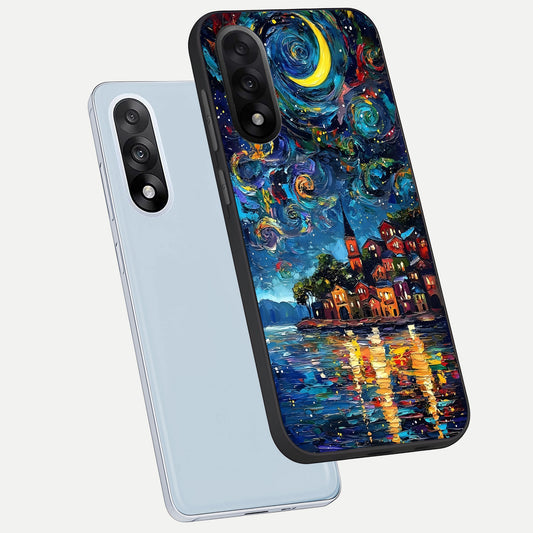 Moonlight Harbor Glow phone case For Oneplus Nord 5 showing premium glass back cover with detailed artwork