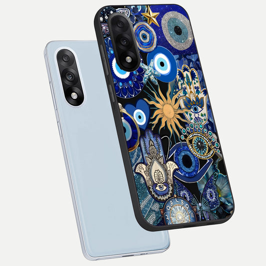 Mystic Blue Evil Eye phone case For Oneplus Nord 5 showing premium glass back cover with detailed artwork