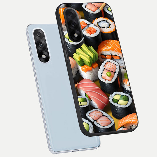 Sushi Food Pattern phone case For Oneplus Nord 5 showing premium glass back cover with detailed artwork