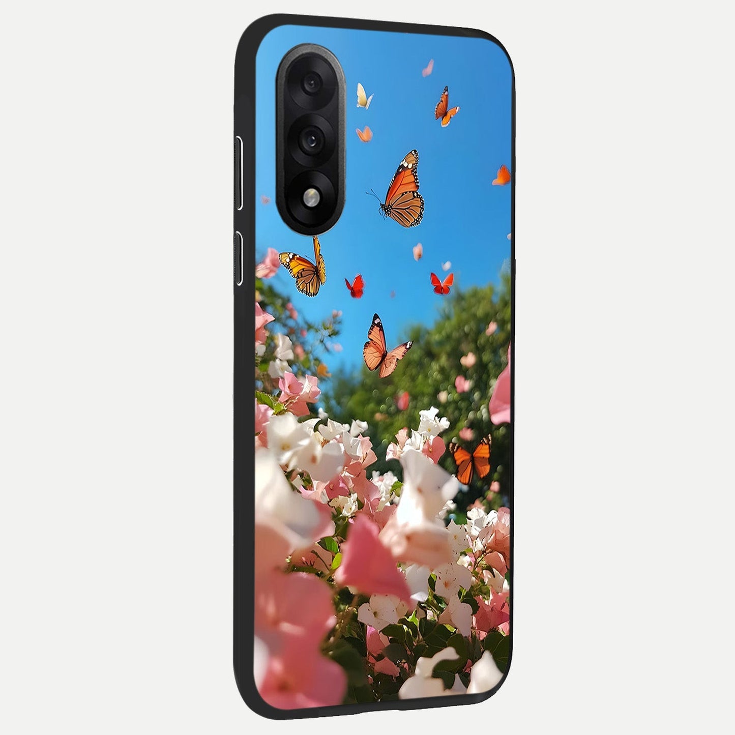 Butterflies In Bloom Sky back cover For Oneplus Nord 5 slim fit glass case with vibrant aesthetic design