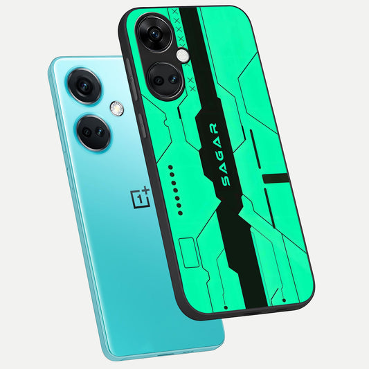 Aqua Tech CYBERPUNK Custom Name phone case For Oneplus Nord CE3 showing premium glass back cover with detailed artwork