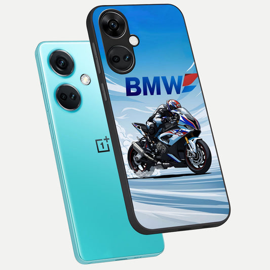 BMW Power Drift phone case For Oneplus Nord CE3 showing premium glass back cover with detailed artwork