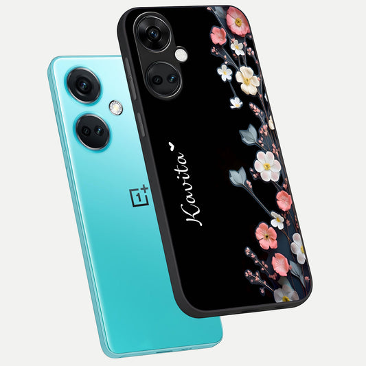 Black Elegance Floral Custom Name phone case For Oneplus Nord CE3 showing premium glass back cover with detailed artwork