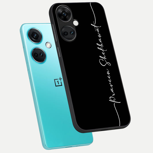 Black Tune Custom Name phone case For Oneplus Nord CE3 showing premium glass back cover with detailed artwork