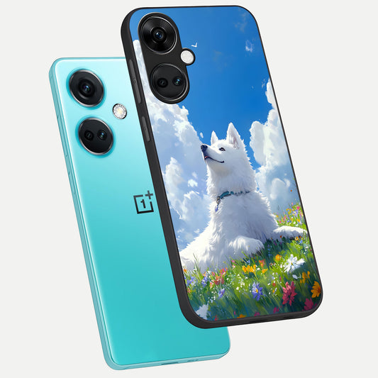 Blissful Cloud Pup phone case For Oneplus Nord CE3 showing premium glass back cover with detailed artwork