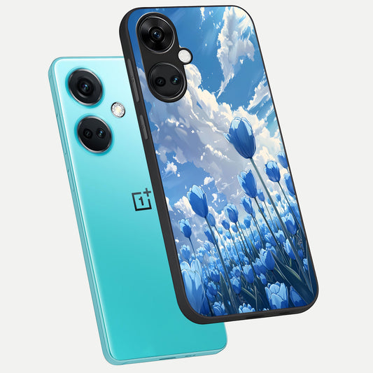Blue Tulip Clouds phone case For Oneplus Nord CE3 showing premium glass back cover with detailed artwork