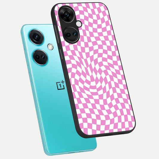 Bubblegum Check Wave phone case For Oneplus Nord CE3 showing premium glass back cover with detailed artwork