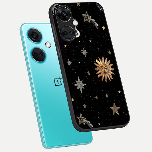 Celestial Moon With Stars phone case For Oneplus Nord CE3 showing premium glass back cover with detailed artwork