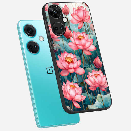 Celestial Pink Lotus phone case For Oneplus Nord CE3 showing premium glass back cover with detailed artwork