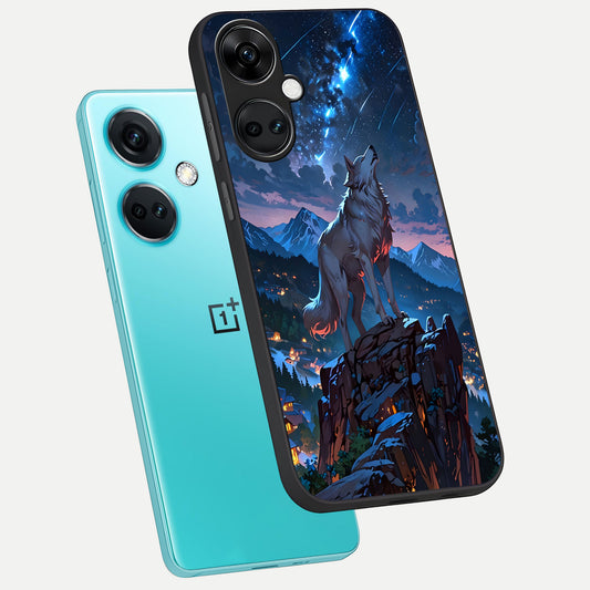 Celestial Wolf Howl phone case For Oneplus Nord CE3 showing premium glass back cover with detailed artwork