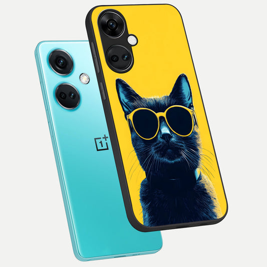 Cool Cat Vibes phone case For Oneplus Nord CE3 showing premium glass back cover with detailed artwork