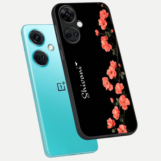 Crimson Bloom Grace Custom Name phone case For Oneplus Nord CE3 showing premium glass back cover with detailed artwork