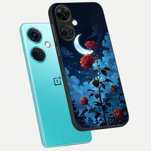 Crimson Rose Moon phone case For Oneplus Nord CE3 showing premium glass back cover with detailed artwork