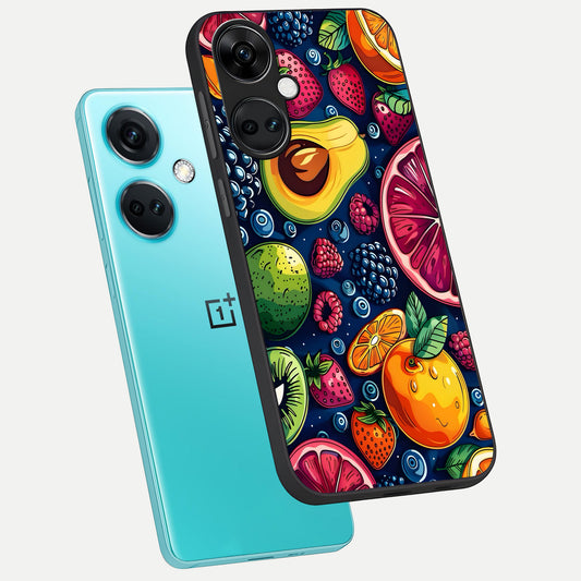Cute Fruits Art phone case For Oneplus Nord CE3 showing premium glass back cover with detailed artwork
