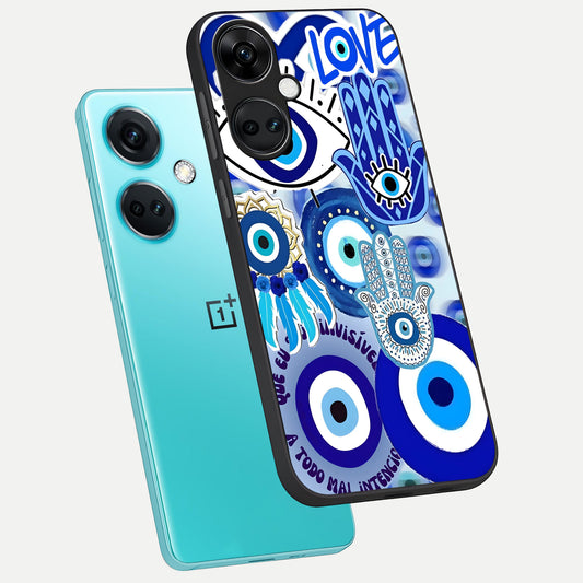 Evil Eyes Dream phone case For Oneplus Nord CE3 showing premium glass back cover with detailed artwork