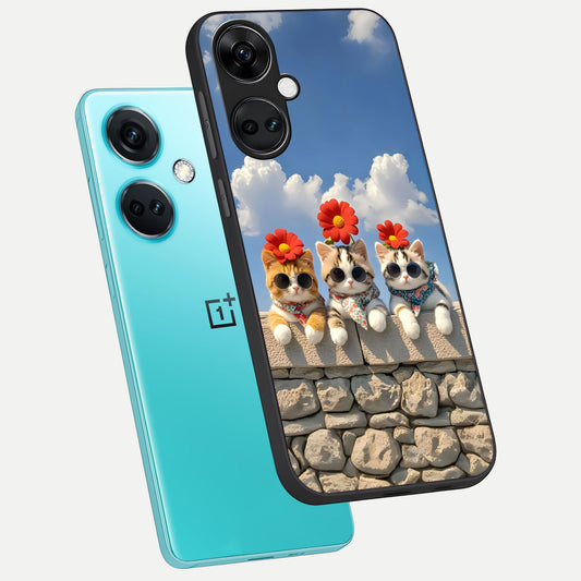 Floral Kitty Squad phone case For Oneplus Nord CE3 showing premium glass back cover with detailed artwork