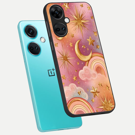 Golden Celestial Dreams phone case For Oneplus Nord CE3 showing premium glass back cover with detailed artwork