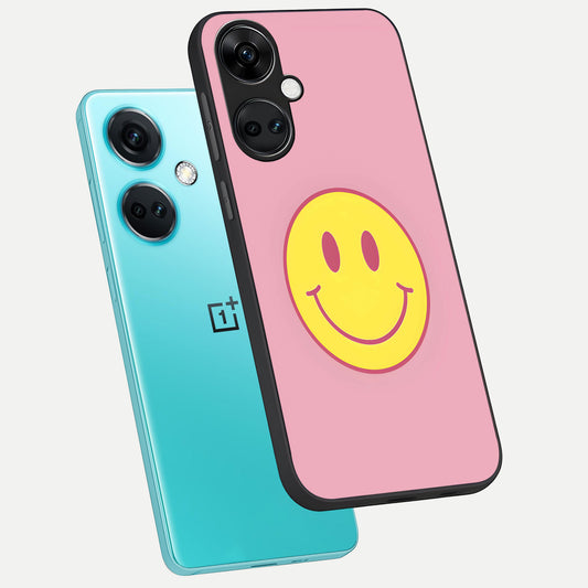 Happy Pink Mood phone case For Oneplus Nord CE3 showing premium glass back cover with detailed artwork