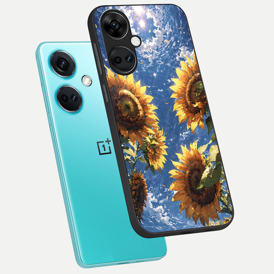 Heavenly Sunflower Rise phone case For Oneplus Nord CE3 showing premium glass back cover with detailed artwork