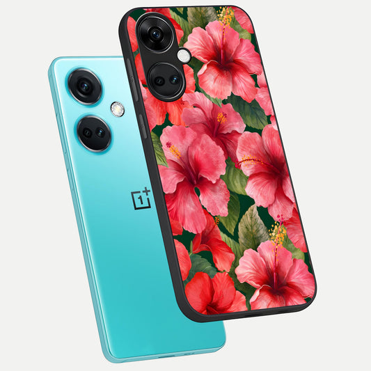 Hibiscus Pattern phone case For Oneplus Nord CE3 showing premium glass back cover with detailed artwork