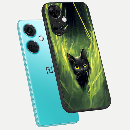 Hidden Cat Whisper phone case For Oneplus Nord CE3 showing premium glass back cover with detailed artwork