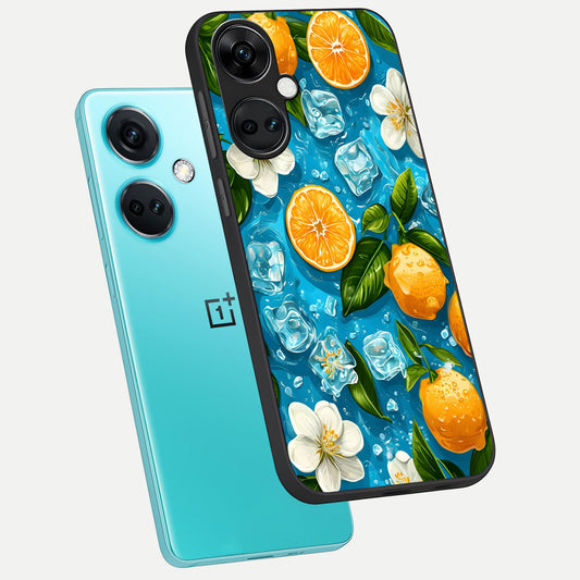 Ice Cube With Orange phone case For Oneplus Nord CE3 showing premium glass back cover with detailed artwork