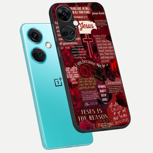 Jesus Love Heals phone case For Oneplus Nord CE3 showing premium glass back cover with detailed artwork