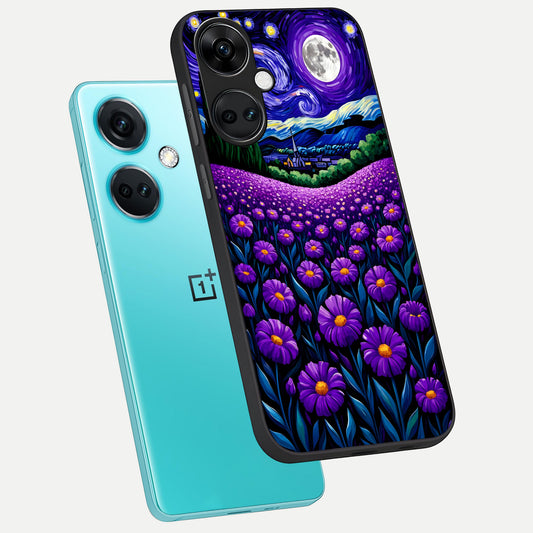 Lavender Moon Field phone case For Oneplus Nord CE3 showing premium glass back cover with detailed artwork
