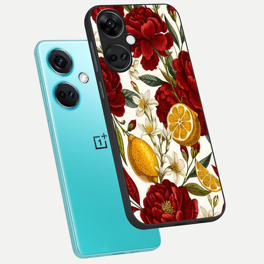 Lemon Rose Charm phone case For Oneplus Nord CE3 showing premium glass back cover with detailed artwork