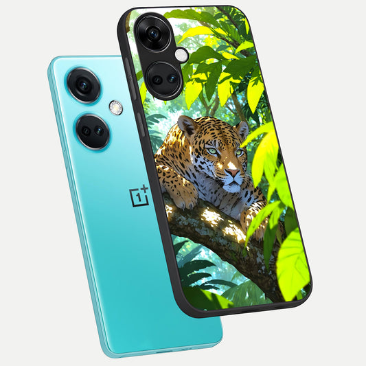 Leopard in Jungle phone case For Oneplus Nord CE3 showing premium glass back cover with detailed artwork