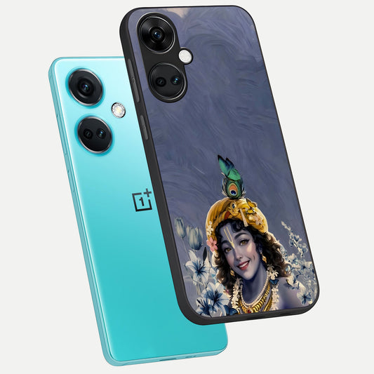 Lord Krishna phone case For Oneplus Nord CE3 showing premium glass back cover with detailed artwork