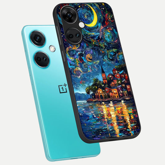 Moonlight Harbor Glow phone case For Oneplus Nord CE3 showing premium glass back cover with detailed artwork