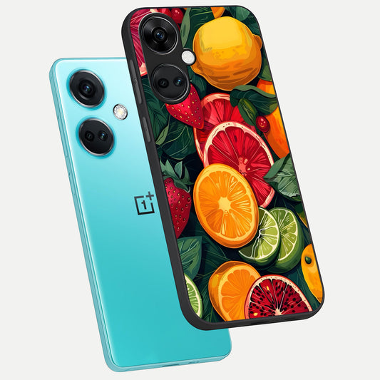 Multiple Fruits phone case For Oneplus Nord CE3 showing premium glass back cover with detailed artwork