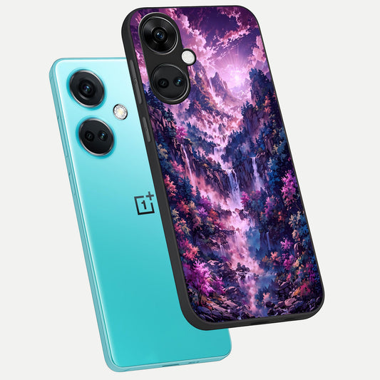 Mystic Cascade Peaks phone case For Oneplus Nord CE3 showing premium glass back cover with detailed artwork