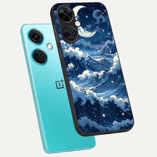 Ocean Moon Waves phone case For Oneplus Nord CE3 showing premium glass back cover with detailed artwork