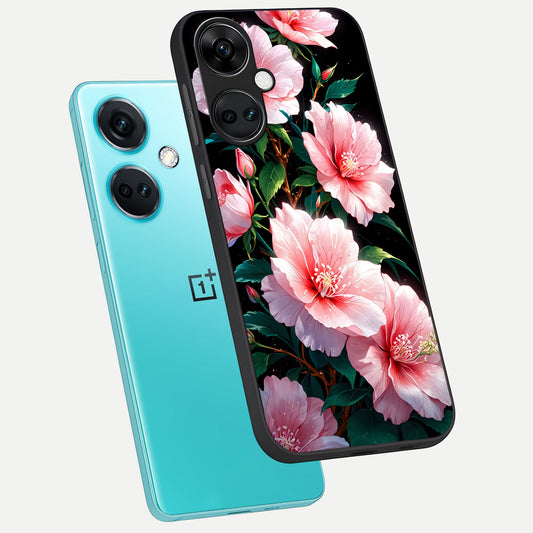 Peach Flower phone case For Oneplus Nord CE3 showing premium glass back cover with detailed artwork