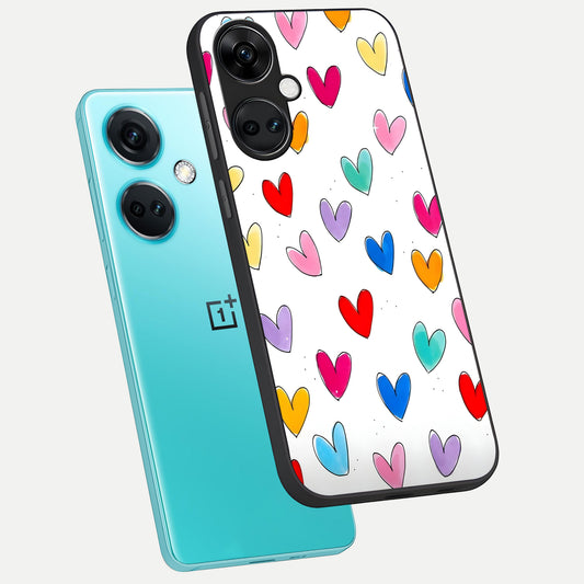 Playful Love Doodles phone case For Oneplus Nord CE3 showing premium glass back cover with detailed artwork