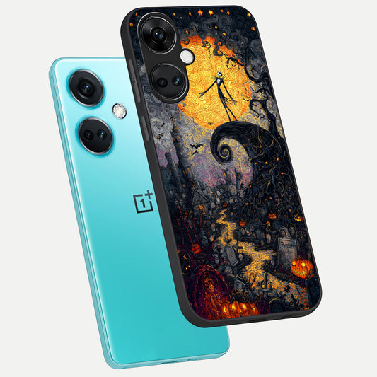 Pumpkin Moon Night phone case For Oneplus Nord CE3 showing premium glass back cover with detailed artwork