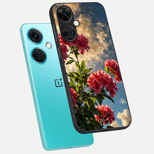 Red Bloom Skies phone case For Oneplus Nord CE3 showing premium glass back cover with detailed artwork