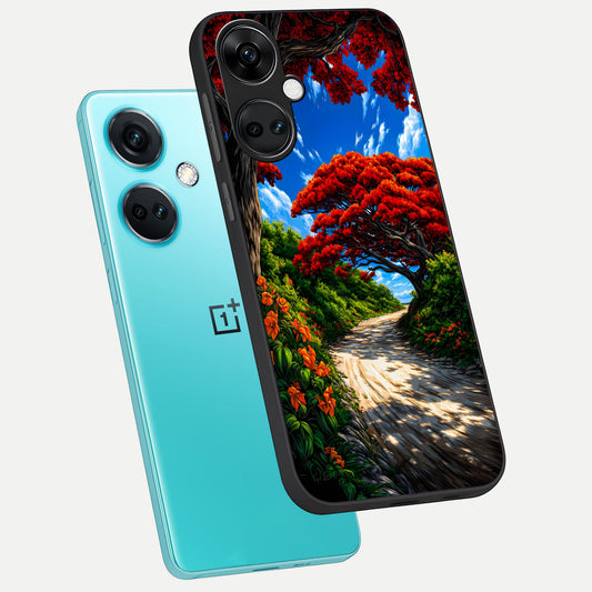 Red Trees Pathway phone case For Oneplus Nord CE3 showing premium glass back cover with detailed artwork