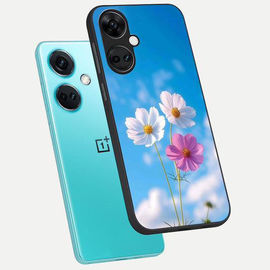 Tripple Flowers With Sky phone case For Oneplus Nord CE3 showing premium glass back cover with detailed artwork